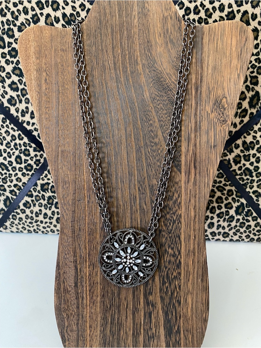 Y2K Gunmetal Filigree Crystal Rhinestone Medallion Necklace - Double Chain